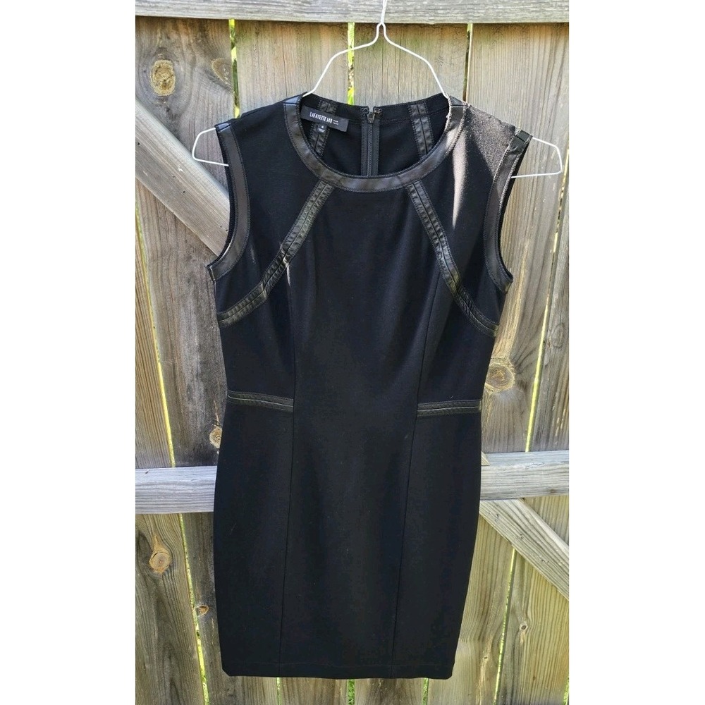 Lafayette 148 Leather Trim Sheath Dress Womens 4 Black Sleeveless Crew Neck